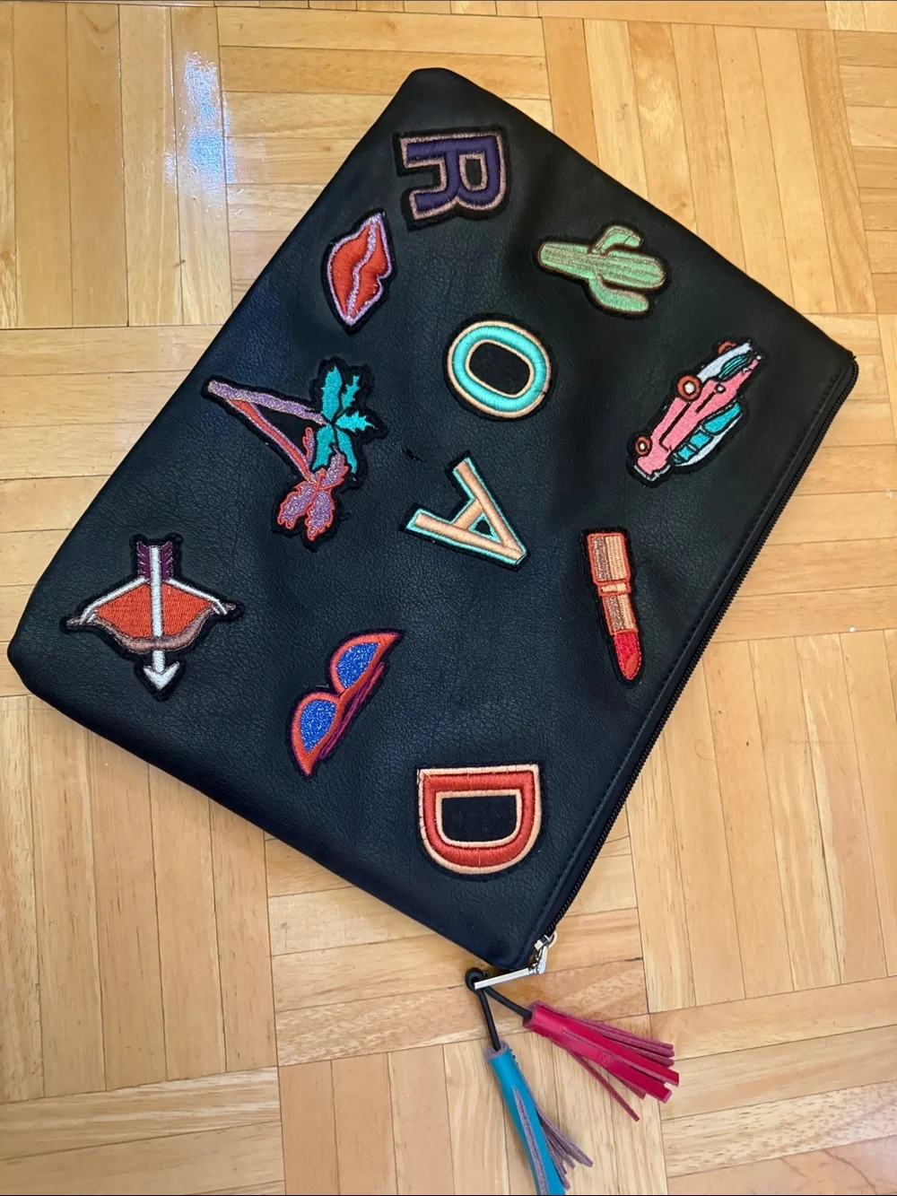 Zara Black Pouch with Colorful Patch Motifs
